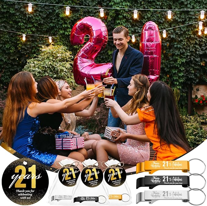 Dandat 54 Sets 21th Birthday Party Favors for Guests Birthday Beer Opener Keychain Cheers to 21 Bottle Opener Keychain with Thank You Cards and Gift Bags for Anniversary Wedding Party Favors