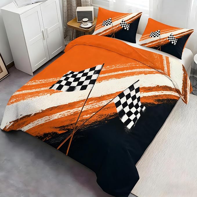 Racing Checkered Flag Bedding Set Oversized King Sporty Motorsport Duvet Cover Boys Race Car Comforter Cover Race Track Bed Set with Pillowcases for Bedroom