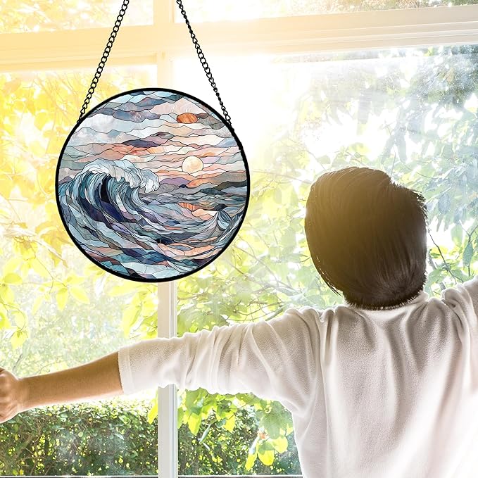 Stained Glass Window Hanging, Sunrise Waves Sun Catchers Diamond Glass Panel Hangings Abstract Suncatcher Decor for Birthday for Women, Men, Wife, Aunt, and Mom 11.8x11.8 in