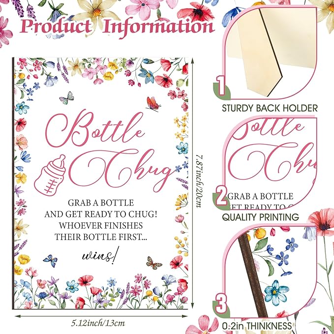 TrelaCo Wildflower Cool Baby Shower Games Wooden Bottle Chug Sign Wildflowers in Bloom Gift Sets and 12 Pcs Baby Bottle Shower Favor for Gender Reveal Games