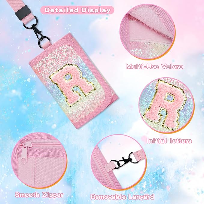 Gifts for Girls 3 4 5 6 7 8 9 10 11 12 Years Old Kids Wallet Cute Initial Coin Purse Toddler Wallet with Magic Sticker (Shiny Rainbow, R)