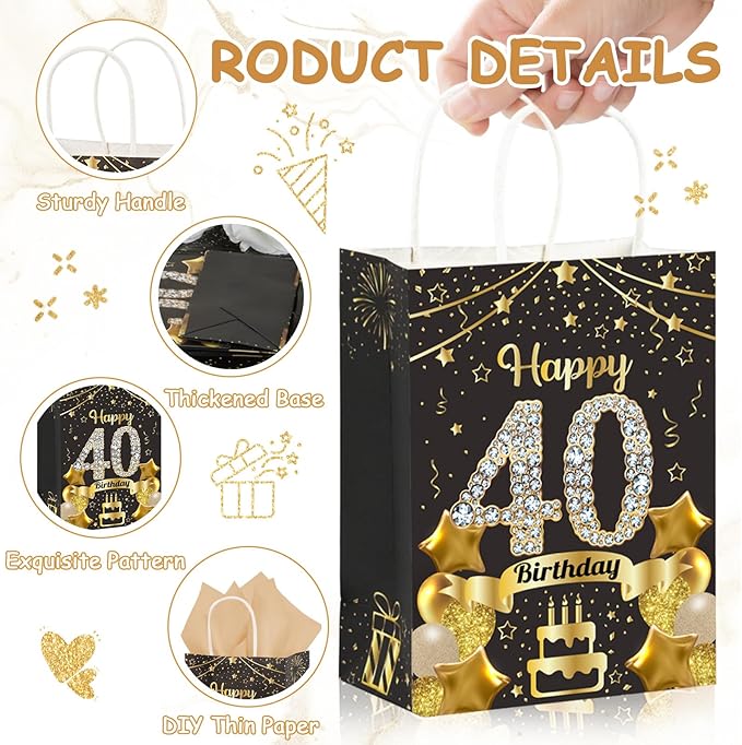 50Pcs 40th Birthday Party Favors Gift Bags Bulk, Black and Gold Happy 40th Gift Candy Wrap Bags with Tissue Paper, Vintage 40th Birthday Decorations Souvenir Bag for Men Women Anniversary Supplies (40th)