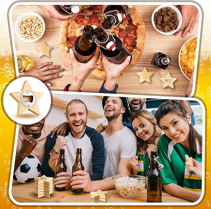 Vesici 24 Pcs Magnetic Bottle Opener 2.5in DIY Bamboo Star Shape Beer Openers Wooden Fridge Magnet Refrigerator Sticker Gift for Beer Lover Wedding Guest Kitchens Bars Parties