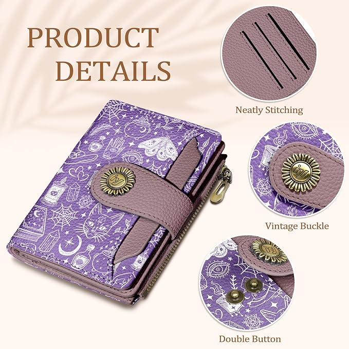 Goth Gothic Small Wallet Women RFID Blocking Bifold, Credit Card Holder, Zipper Coin Pocket, Witchy Magic, PU Leather, Compact, Travel, 4 ID Window, 14 Card Slots, Cash Purse, Ladies Woman