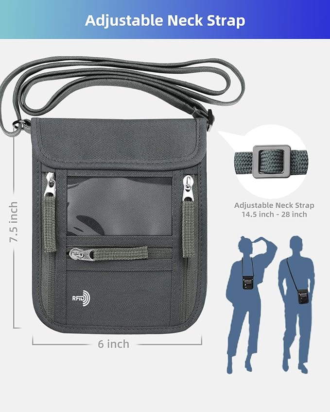 WALNEW Passport Holder Neck Pouch Travel Wallet for Women and Men, RFID Blocking Security Slim Traveling Wallet with Around Neck Lanyard Strap