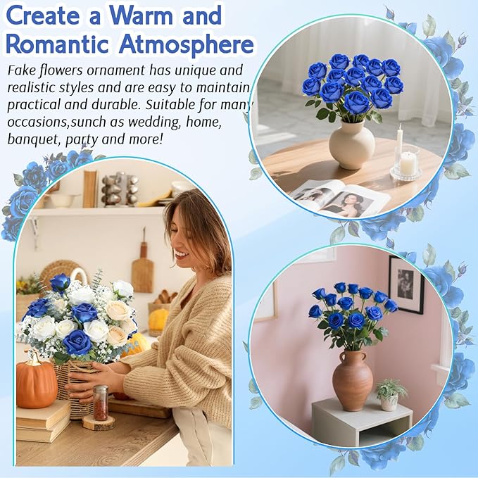 Roses Artificial Flowers, Fake Velvet Silk Roses with Stems for Indoor Outdoor Decor, Realistic Roses in Bulk for Wedding Centerpiece Party, Valentines Birthday (24,Blue)