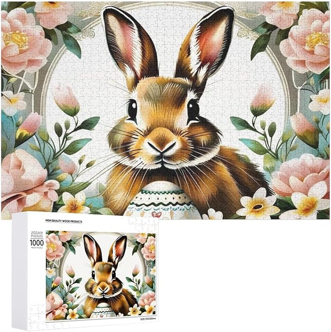 Wooden Puzzle - Easter Bunny with Flower Easter Egg Jigsaw Puzzles，Wooden Puzzles for Adults 1000 Pieces Challenge Puzzles，Educational Games，Family Puzzles，Unique Gifts for Wall Art