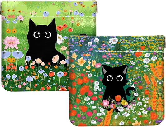 2Pcs PU Leather Small Squeeze Coin Purse Pouch Mini coin Bag Unique And Cute Wallet Cosmetic Bags Change Bag For Women Girls Men Cat in flower and grass