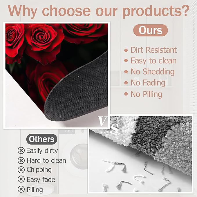 Non Slip Bath Mat,Red Roses Bathroom Decor,Floral Diatomaceous Bath Mat Quick Dry Absorbent Bathroom Rugs-Shower Rug for Kitchen Laundry Bathtub Shower 17"x29.5"
