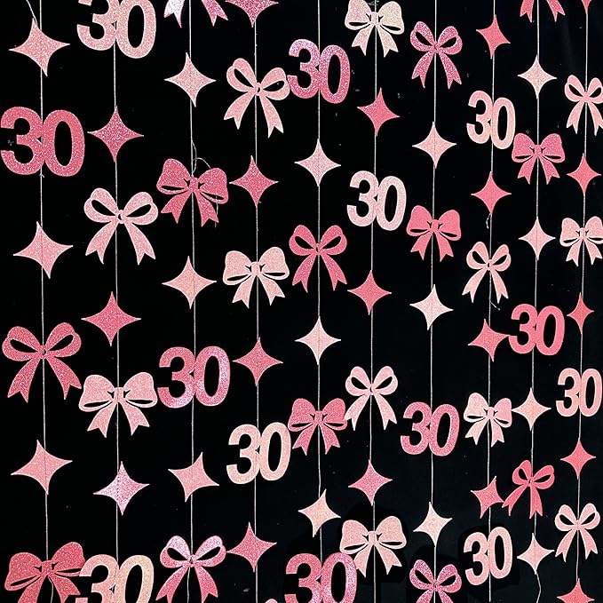 Glitter Pink 30th Bow Birthday Decorations Hot Pink Conquette Bow Garland Streamer Banner Backdrop for Womens Happy 30th Birthday Dirty Thirty Cheers to 30 Years Old Anniversary Party Supplies
