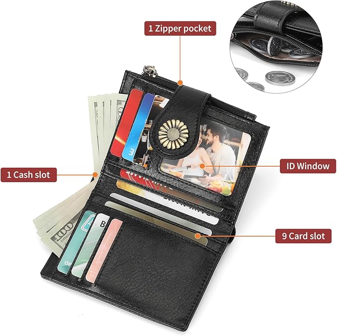 SENDEFN Small Wallets for Women Bifold RFID Blocking Leather Card Holder Compact Wallet with Zipper Coin Pocket