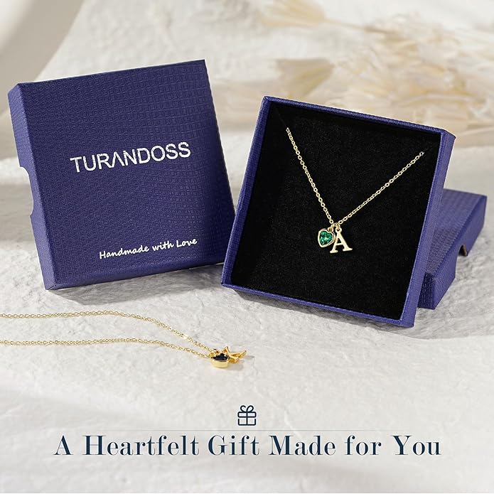 Turandoss Valentines Day Gifts for Her Trendy, Dainty 14K Gold Plated Initial A-Z Heart Birthstone Pendant Necklace Personalized Bridesmaid Birthday Valentines Jewelry Gifts for Women Girls