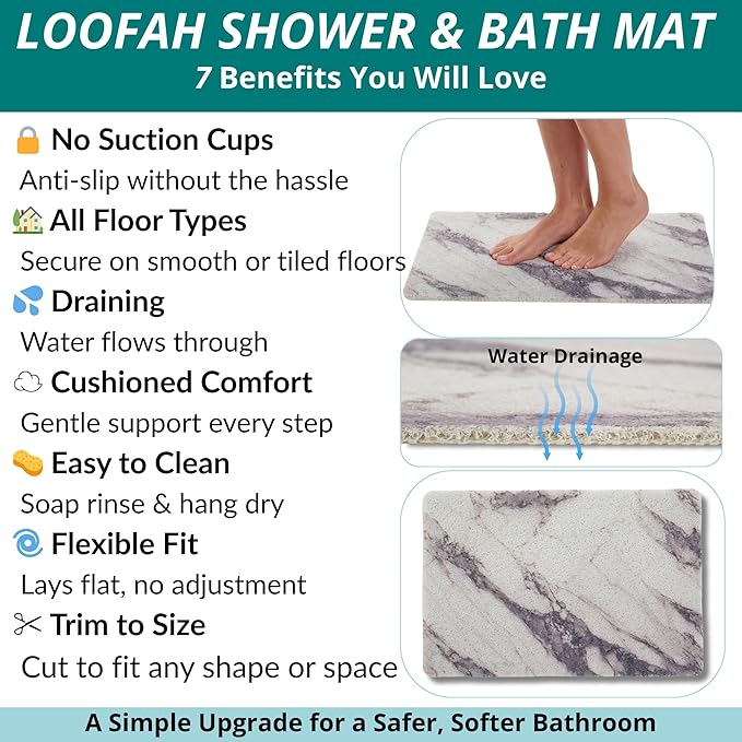 ENKOSI Loofah Non-Slip Shower and Bath Mat - Soft Cushioned Comfort - No Suction Cups for Smooth or Textured Tubs - Fast Draining - Safety for Bathroom, Family, and Elderly (24x16 Marble Grey)