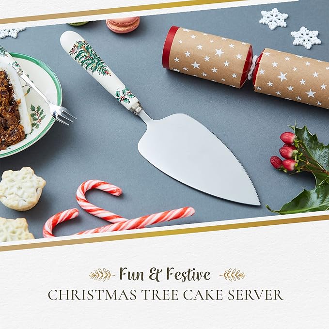 Spode Christmas Tree Cake Server, 10.5-Inch Stainless Steel Cake Knife with Fine Porcelain Handle, Holiday Dessert Flatware, Festive Christmas Utensil, Elegant Holiday Table Setting Addition