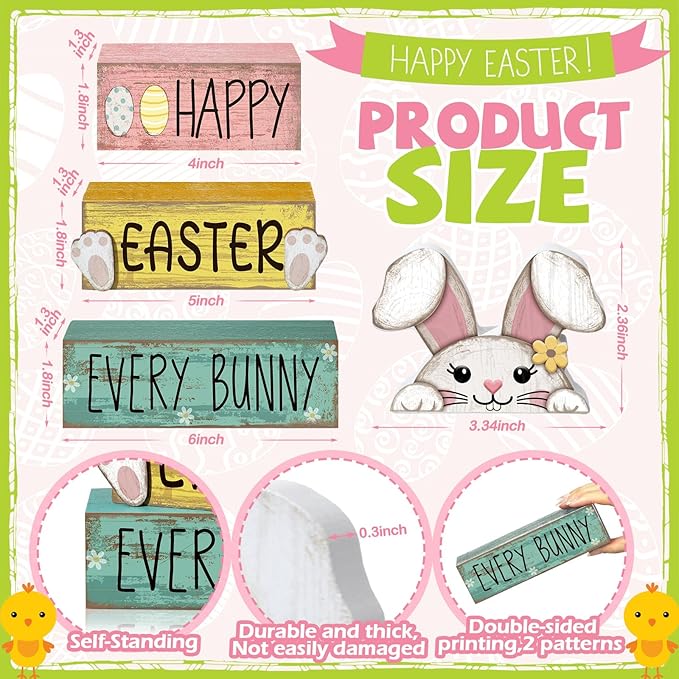 4 Pcs Easter Table Decorations Bunny Tiered Tray Decor Wooden Bunny Block Signs Gifts Happy Easter Centerpiece for Tables Wood Rabbit Tabletop Signs for Kitchen Home Shelf Office Decor