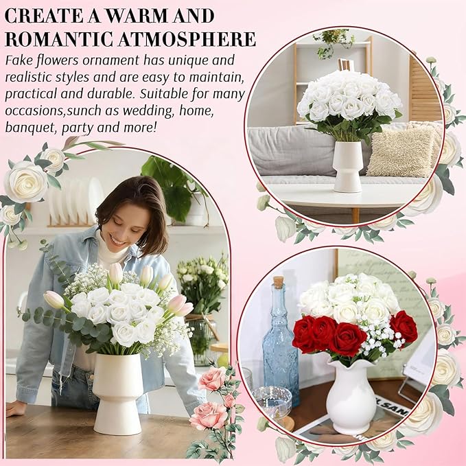 Roses Artificial Flowers, Silk Roses with Stems for Wedding Bridal Bouquets, Valentine Anniversary Mother's Day Get Well Hostess Housewarming Gifts, Indoor Outdoor Decor Party Centerpiece (12, White)