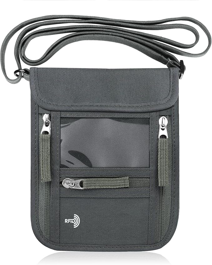 WALNEW Passport Holder Neck Pouch Travel Wallet for Women and Men, RFID Blocking Security Slim Traveling Wallet with Around Neck Lanyard Strap