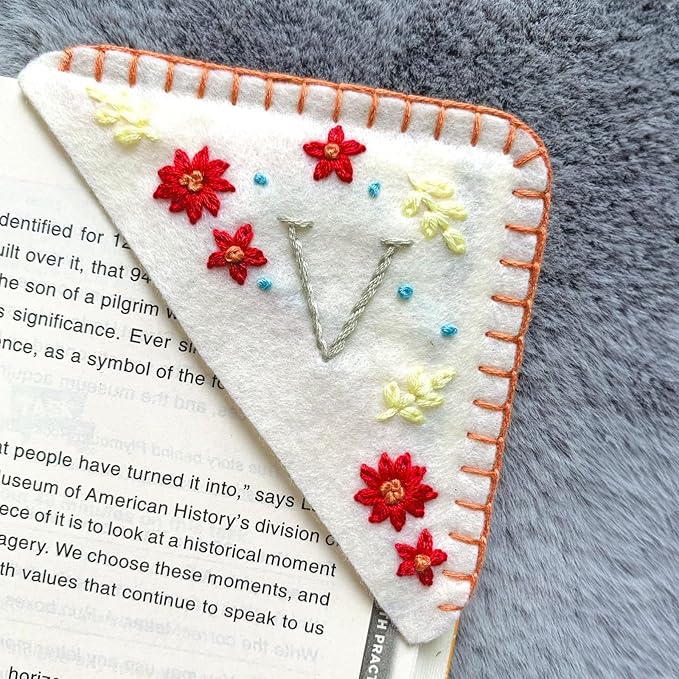 Personalized Hand Embroidered Corner Bookmark, Cute Flower Book Mark, Hand Stitch Gift for Women Book Lovers by HNQCPCVU (V, White)