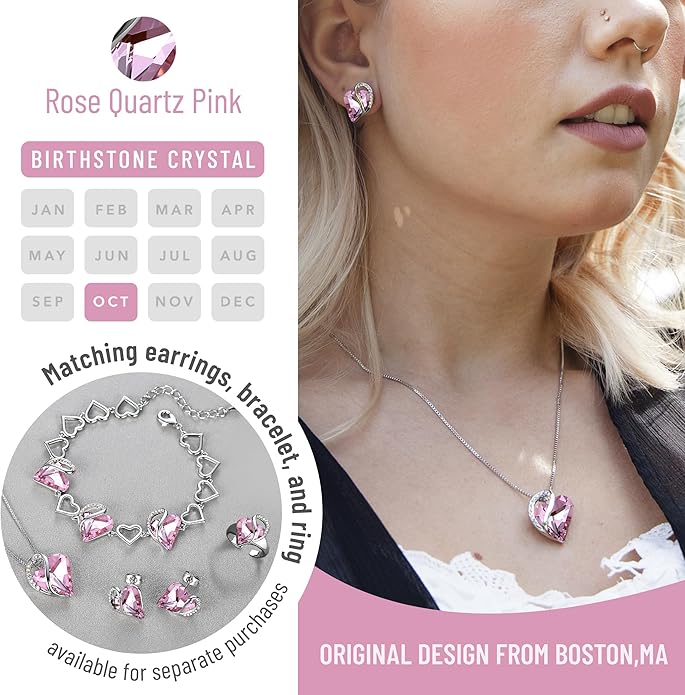 Leafael Valentine's Day Gift Necklaces for Women, Infinity Love Birthstone Heart Crystal Pendant, Birthday Anniversary Jewelry for Wife, Mom, and Her, Silver Plated, 18" + 2" Adjustable Chain