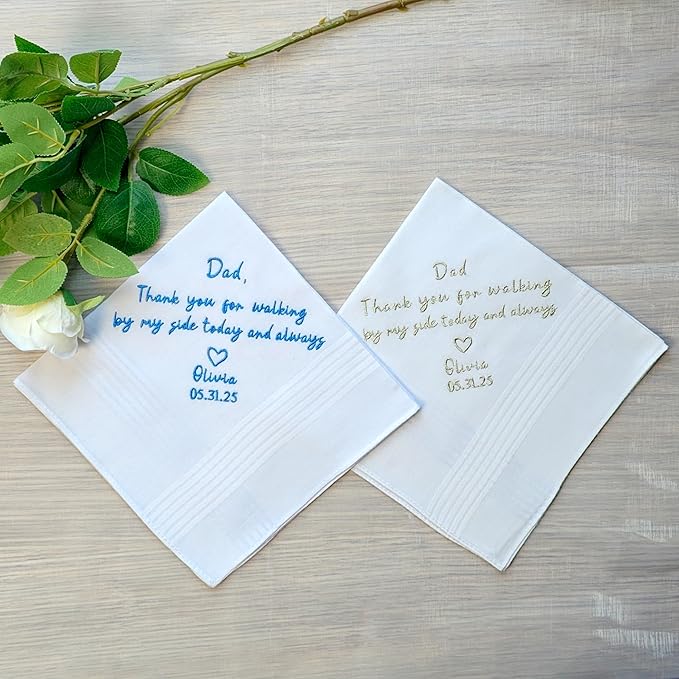 Father of the Bride Gift from Daughter Custom Handkerchief - Personalized Embroidered Hanky For the Wedding Day, Something Blue For Brides, Bridesmaids, Dads and Moms & Wedding Keepsake