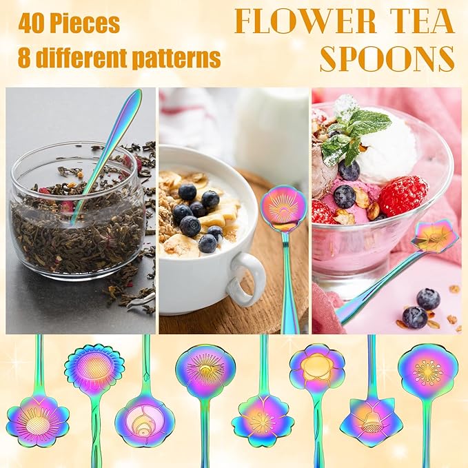 EBOOT 40 Pcs Rainbow Flower Teaspoon Stainless Steel Tea Party Spoons Mini Cute Teaspoon for Stirring Coffee Sugar Drink Demitasse Kitchen Bar Tableware Party Favors Decorations