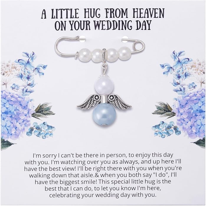 Ralukiia Something Blue Angel Memory Bouquet Charm, Wedding Day Hug from Heaven, Guardian Angel Charm, Memorial Gift for Bride, Wedding Gift from Deceased Mom or Dad, Remembrance Gifts