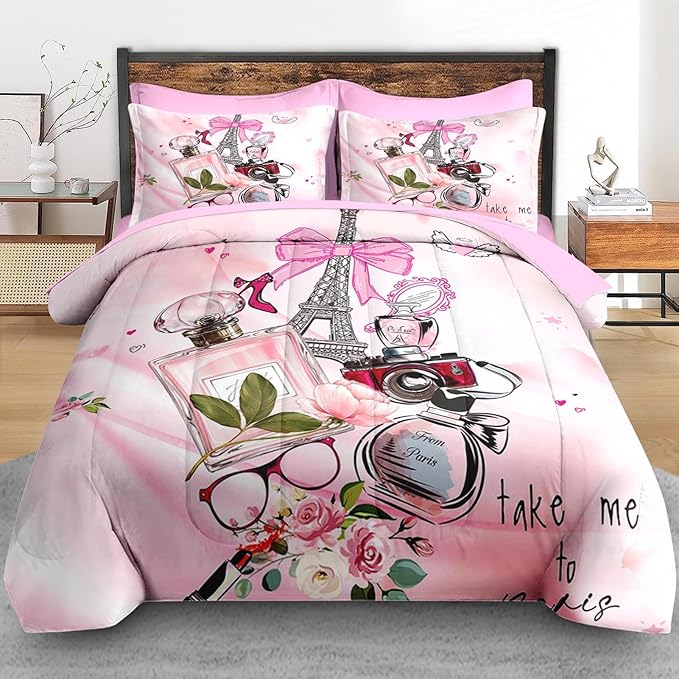 Comforter Set Twin Size, Paris Teen Girls 5 Pcs Pink Bedding for Kids and Adults, Cute Makeup Perfume Bed Sheet Sets with Fitted Sheet Pillowcase & Sham for Bedroom Bed Decor