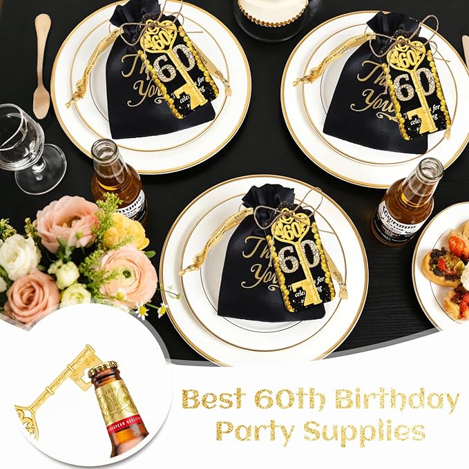 50Pcs 60th Gold Key Bottle Opener - 60th Birthday Party Favors, Anniversary Souvenirs With Thank You Cards