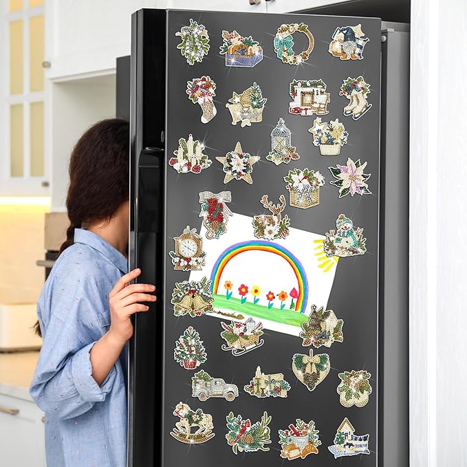 30 Pcs Refrigerator Diamond Art Magnets Easy Diamond Art Kits Fridge Stickers for Adults Kids DIY Home Decors(Winter)