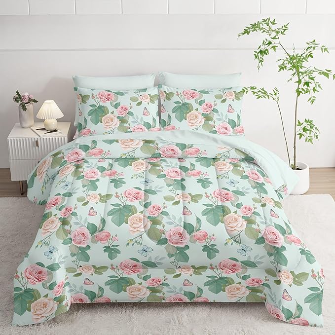 7Pcs Comforter Set Butterfly Flowers Green Leaves Printed Bedding Set with 1 Comforter,1 Flat Sheet,1 Fitted Sheet and 4 Pillowcases for Boys and Girls Bedroom All Season(Twin)