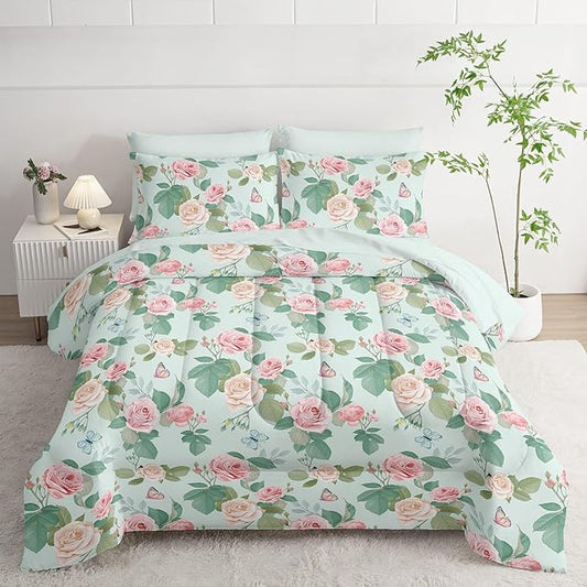 7Pcs Comforter Set Butterfly Flowers Green Leaves Printed Bedding Set with 1 Comforter,1 Flat Sheet,1 Fitted Sheet and 4 Pillowcases for Boys and Girls Bedroom All Season(Full)