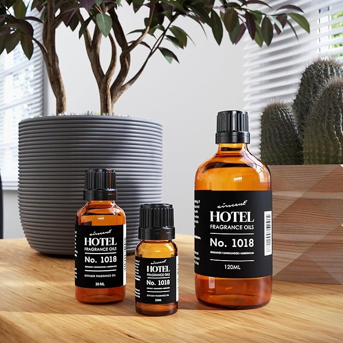 AirScent Hotel Diffuser Oil No. 1018 - Bergamot, Sandalwood Amberwood - Hotel Scent Dupe - Premium Fragrance Oil for Ultrasonic and Waterless Diffusers and Crafting - 120 ml, 4 fl oz Glass Bottle