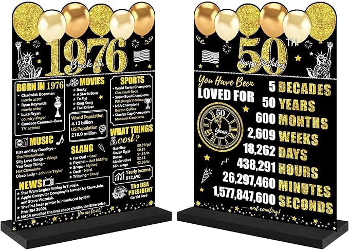 Black Gold 50th Birthday Decorations for Men Women, Two-Sided Vintage 50 Back in 1976 Theme Poster Wooden Table Sign with Stand, Fifty Years Old Bday Centerpieces Display Holder for Table Decor