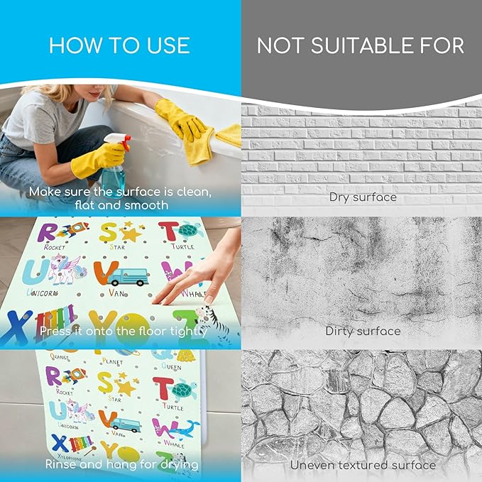 Baby Bath Mat for Tub, Non Slip Kids Bath Shower Mat, 40 X 16 Inch Large Bathtub Mat with Drain Holes and Suction Cups for Toddlers, Machine Washable and Waterproof (Alphabet)