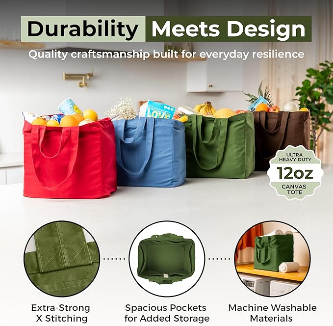 VeraMia Canvas Grocery Bag 3pc XL Set with Real Pockets, Long Shoulder Strap and Short Handle. Heavy Duty, Foldable, Washable