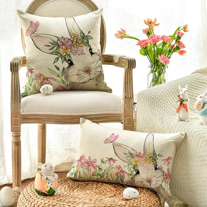 AVOIN colorlife Easter Floral Garland Bunny Throw Pillow Cover Set of 2, 12 x 20 and 18 x 18 Inch Spring Rabbit Holiday Cushion Case Decoration for Sofa Couch