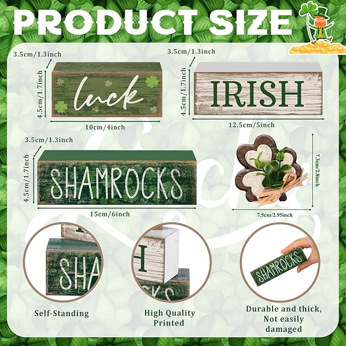 4 Pcs St. Patrick's Day Table Decorations Wooden Shamrocks Green Lucky St. Patrick Tiered Tray Decor Farmhouse Shamrock Blocks Signs Gifts Irish Themed Centerpiece Decorations for Home Decor