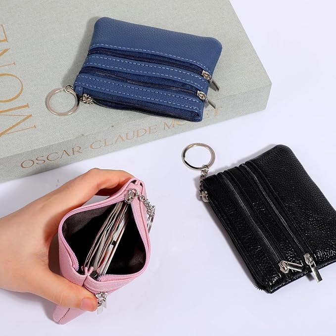 3 PCS Coin Purse Pouch Change Card Holder Wallet Mini Zipper Pouch with Keychain for Women and Men (Black, Blue, Pink)