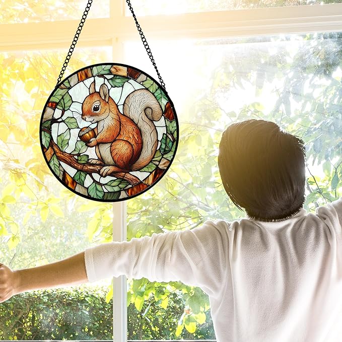 Stained Glass Window Hanging, Squirrel on a Branch Suncatcher Diamond Glass Panel Animal Sun Catchers Decor for Birthday for Women, Men, Wife, Aunt, and Mom 6.3 in