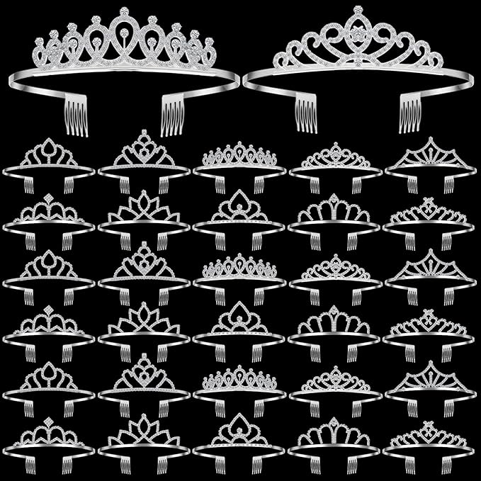 Lyrow 30 Pcs Silver Crystal Tiara for Women Bulk Rhinestone Queen Tiara Comb Princess Tiaras Crown Headband Galentines Day Party Favors Hair Accessories for Birthday Bridal Wedding Prom Christmas