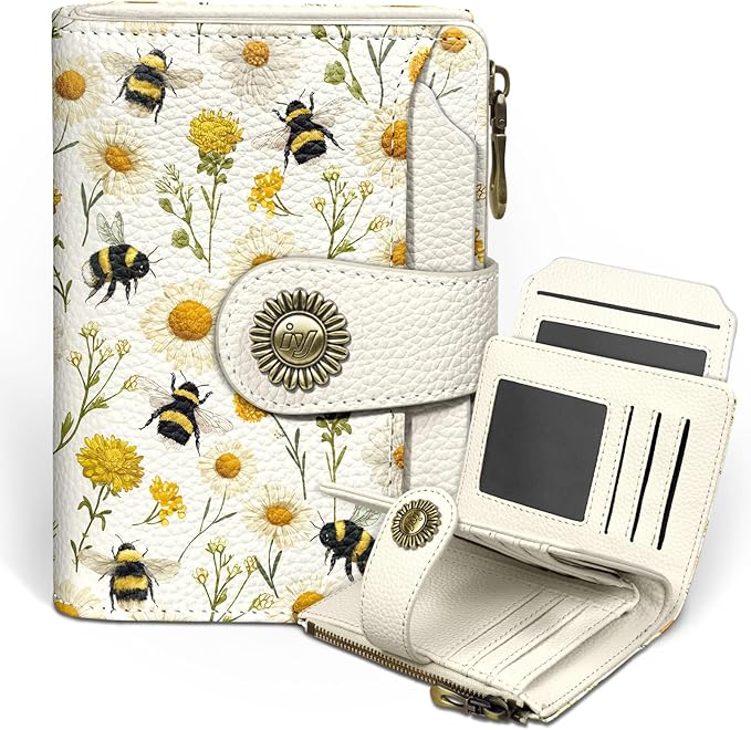 Floral Bee Small Wallet Women RFID Blocking Bifold, Credit Card Holder, Zipper Coin Pocket, PU Leather, Cute, Compact, Travel, 4 ID Window, 14 Card Slots, Cash Purse, Ladies Woman Female Girls