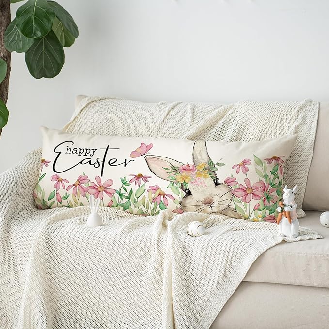 AVOIN colorlife Easter Floral Garland Bunny Long Lumbar Throw Pillow Cover, 14 x 36 Inch Spring Rabbit Long Body Pillow Case for Bed Sofa Bench