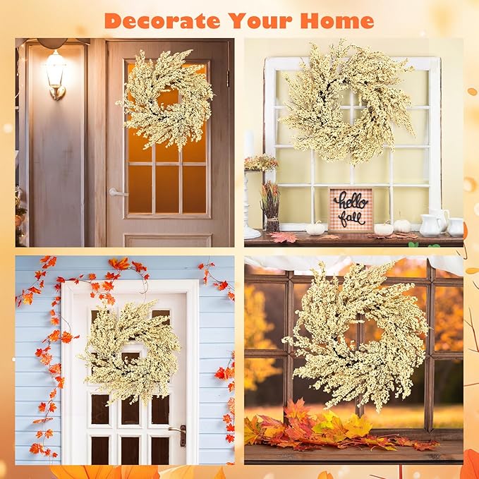 Huashen Fall Wreath, Artificial 24 inch White Berry Wreaths for Front Door Milk White Berry Wreath Christmas Wreaths for Farmhouse Festival Outdoor Party Holiday Home Decor