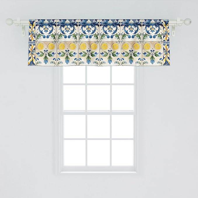 Ambesonne Mediterranean Window Valance, Checkered Abstract Modern Curlicue Leaves and Lemons Art Oriental, Curtain Valance for Kitchen Bedroom Decor with Rod Pocket, 54" X 18", Blue Yellow and Green