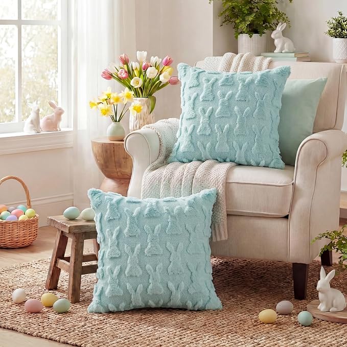 AVOIN colorlife Easter Rabbits Blue Throw Pillow Covers, 18 x 18 Inch Bunny Soft Plush Faux Fur Jacquard Cushion Case Decoration for Sofa Couch Set of 2
