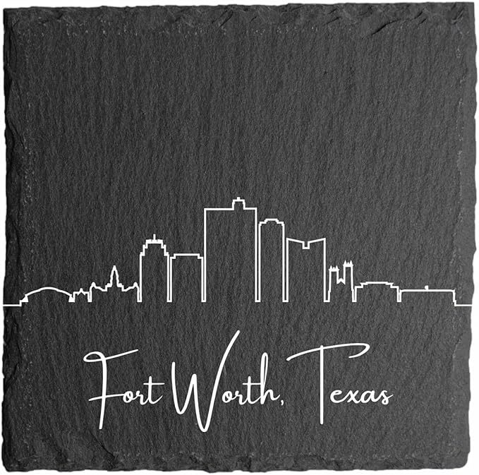 Blue Ridge Mountain Gifts - Fort Worth TX Skyline Coasters, Set of 4 - Fort Worth Texas Souvenir, Slate Coasters with Minimalist Skyline, Housewarming Gift for Friends, Family, & Neighbors