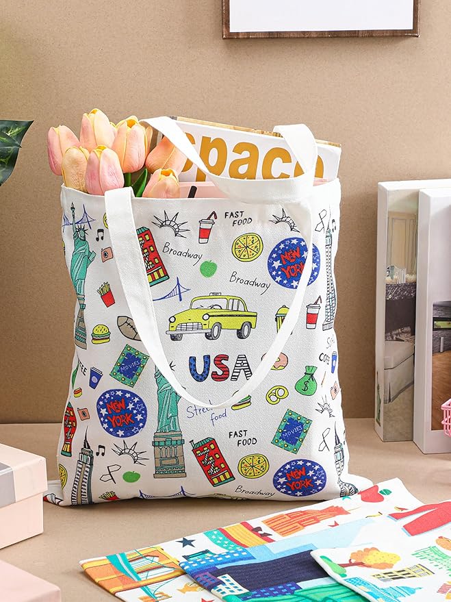 Paterr 4 Pcs New York Canvas Tote Bag New York Souvenir Gift NYC Seattle Souvenir Grocery Bag Women Travel Gifts Grocery Shopping Bag Christmas Party Favors