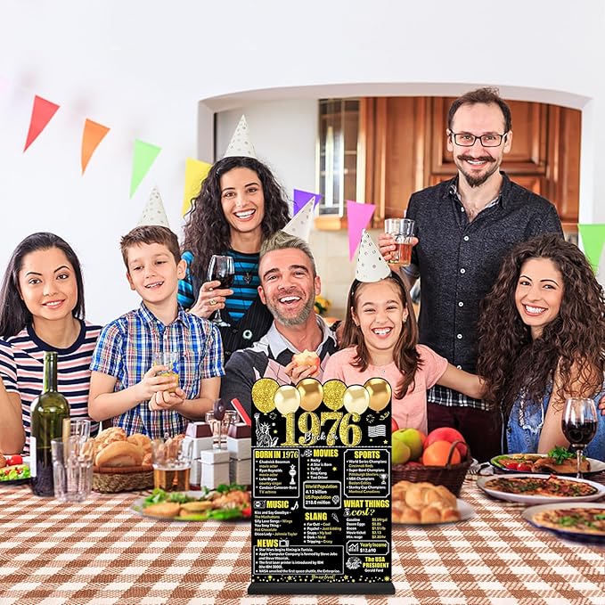 Black Gold 50th Birthday Decorations for Men Women, Two-Sided Vintage 50 Back in 1976 Theme Poster Wooden Table Sign with Stand, Fifty Years Old Bday Centerpieces Display Holder for Table Decor