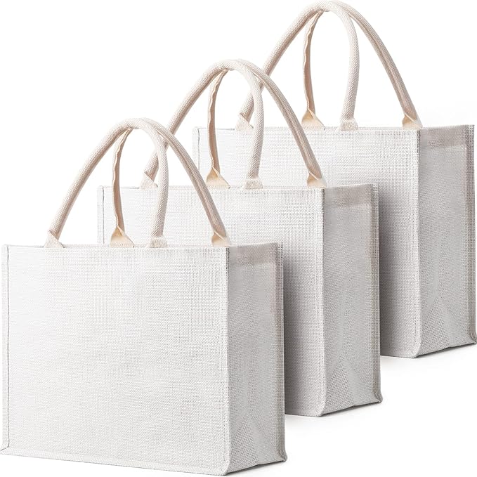 Segarty Tote Bags, 3 Pack Large White Burlap Jute Reusable Canvas Gift Favors Bag with Handles Blank Tote Bulk for Bridesmaid Wedding, Women Market Grocery Shopping, Bachelorette Party, Beach Trip