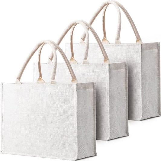 Segarty Tote Bags, 3 Pack Large White Burlap Jute Reusable Canvas Gift Favors Bag with Handles Blank Tote Bulk for Bridesmaid Wedding, Women Market Grocery Shopping, Bachelorette Party, Beach Trip